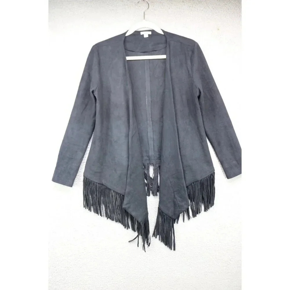 Timing Faux Suede Open Front Fringed Cardigan-Size Small-Boho-Goth